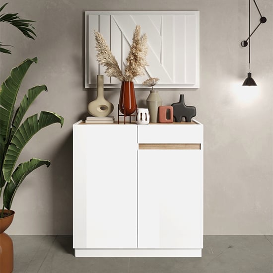 Flores High Gloss Sideboard 2 Doors 1 Drawer In White Light Oak