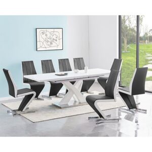 Axara Large Extending White Dining Table 8 Gia Black White Chairs