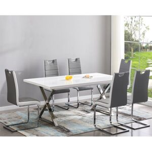 Mayline Extending White Dining Table 6 Petra Grey White Chairs