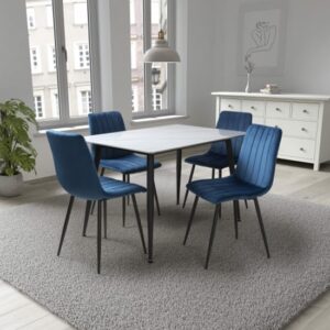 Modico Small White Ceramic Dining Table With 4 Leuven Blue Chairs