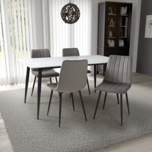 Modico Large White Ceramic Dining Table With 4 Leuven Grey Chairs