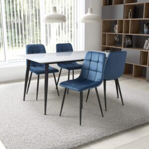 Modico Large White Ceramic Dining Table With 4 Massa Blue Chairs