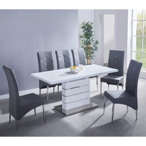 Parini Small Extending White Dining Table 6 Vesta Grey Chairs