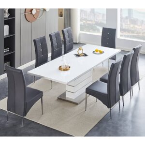 Parini Large Extending White Dining Table 8 Vesta Grey Chairs