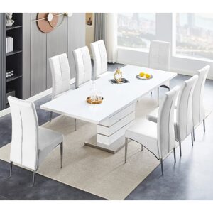 Parini Large Extending White Dining Table 8 Vesta White Chairs