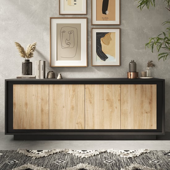 Soller Wooden Sideboard 4 Doors In Black Lava Cadiz Oak