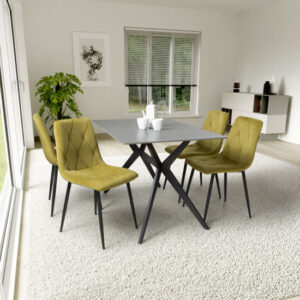 Tarsus Grey Ceramic Dining Table With 4 Vestal Yellow Chairs