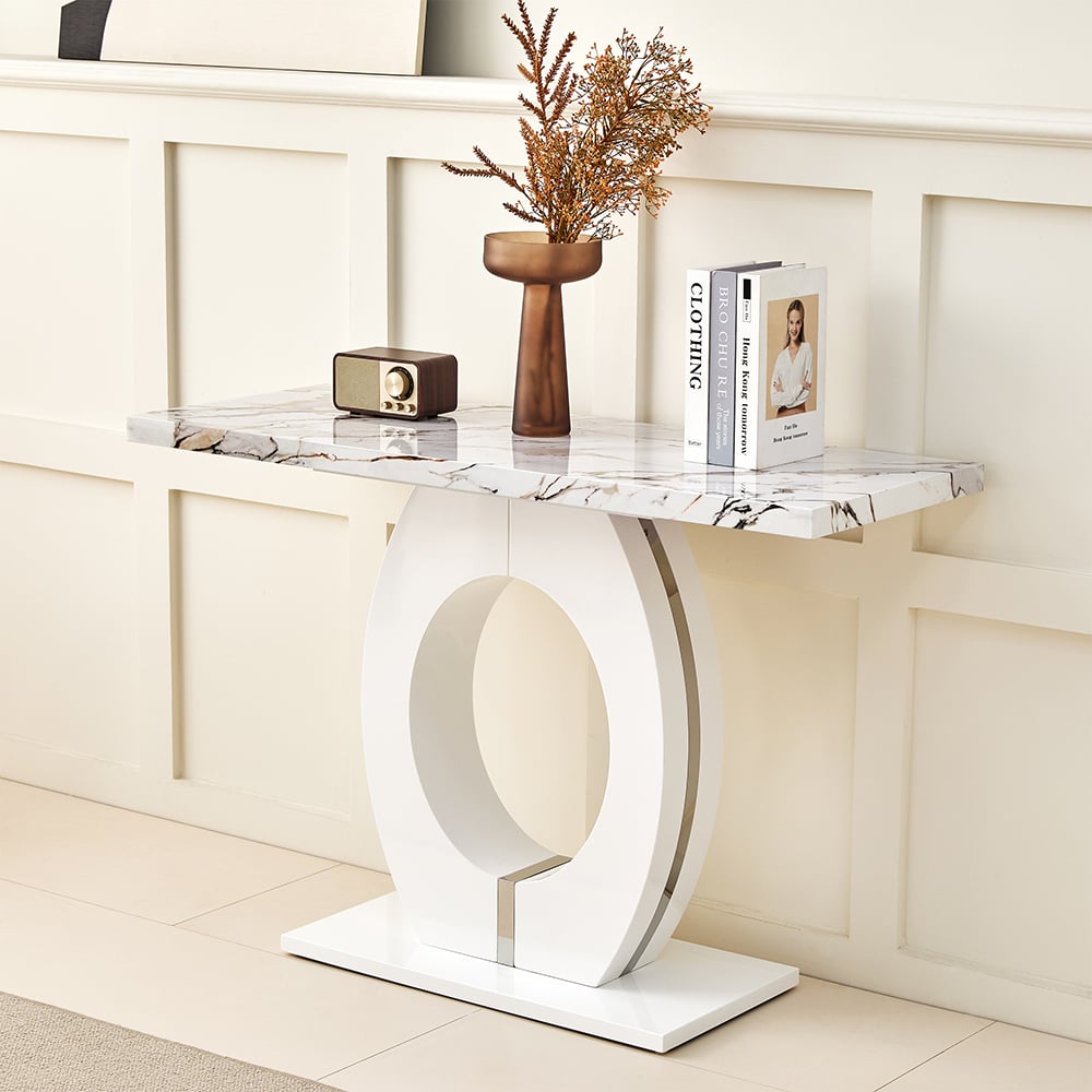 Halo High Gloss Console Table In White And Milo Marble Effect