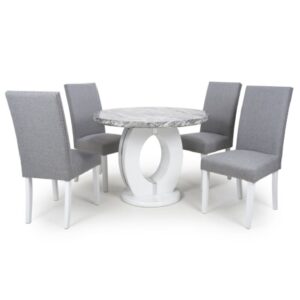 Naiva Grey Marble Round Dining Table 4 Rabat Silver Grey Chairs