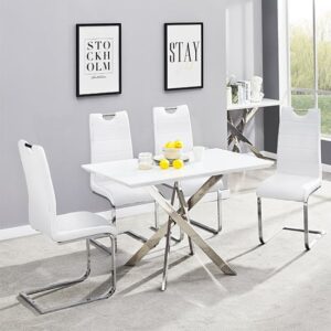 Petra Small White Glass Dining Table 4 Petra White Chairs