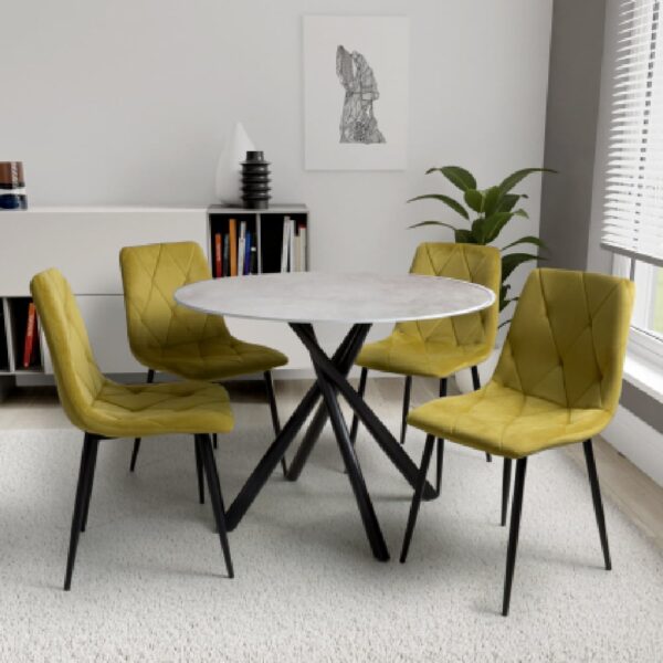 Accro Grey Glass Dining Table With 4 Vestal Yellow Chairs