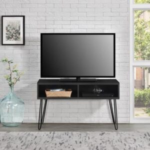 Ojai Wooden TV Stand With Black Legs In Black Oak