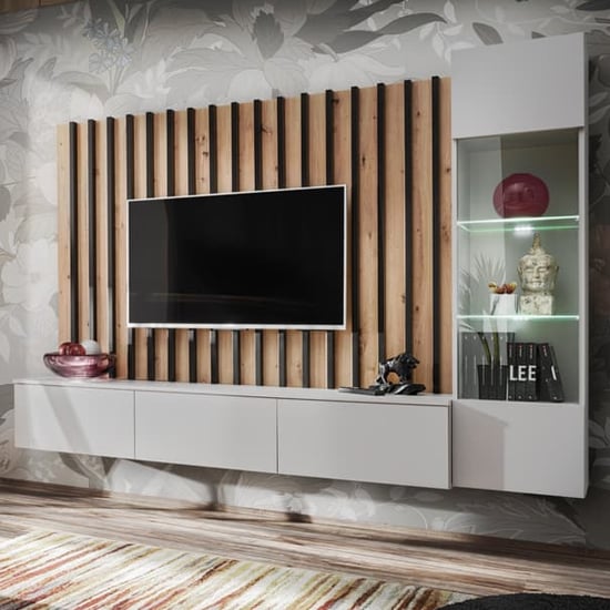 Volos Wooden Entertainment Unit In Artisan Oak Pearl Grey LED