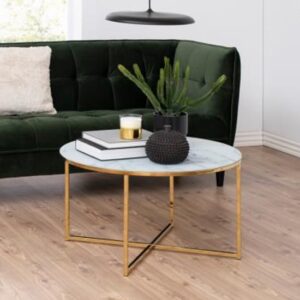 Arcata White Marble Glass Coffee Table Round With Gold Frame