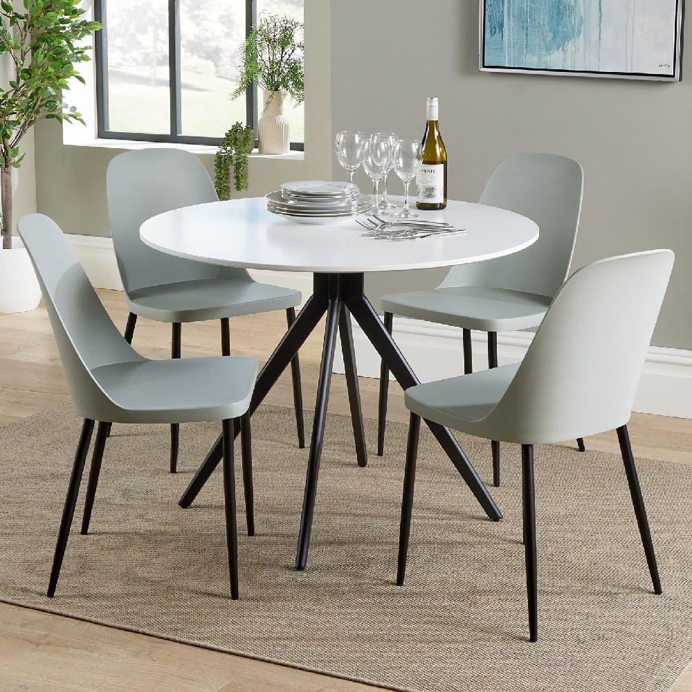 Arta Round White Wooden Dining Table 4 Curve Plastic Grey Chairs