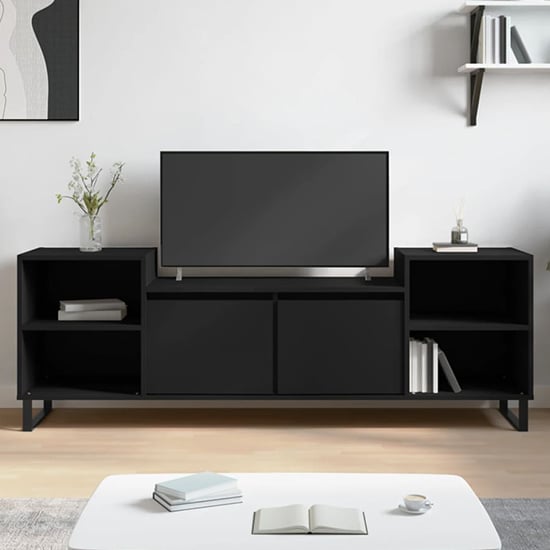 Bergen Wooden TV Stand With 2 Doors 2 Shelves In Black