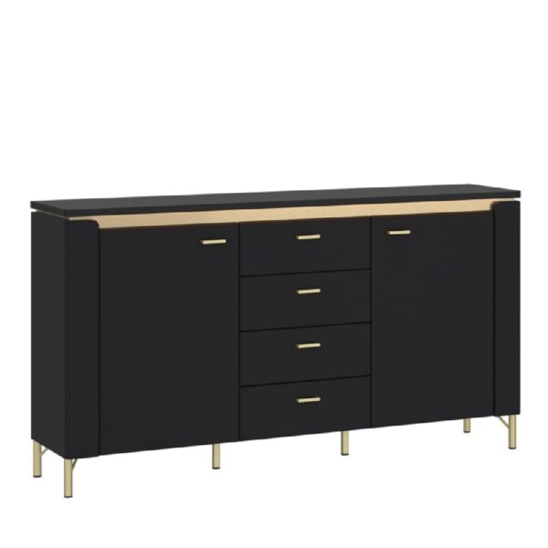 Gaffney LED Wooden Sideboard With 4 Drawers In Matt Black Gold