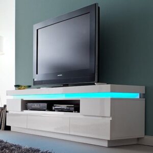 Odessa White High Gloss TV Stand With 5 Drawers And LED Lights