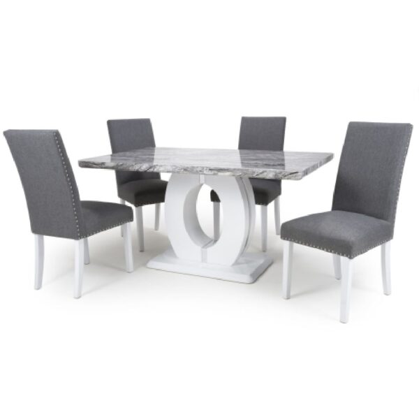 Naiva Grey Marble Dining Table With 4 Rabat Silver Grey Chairs