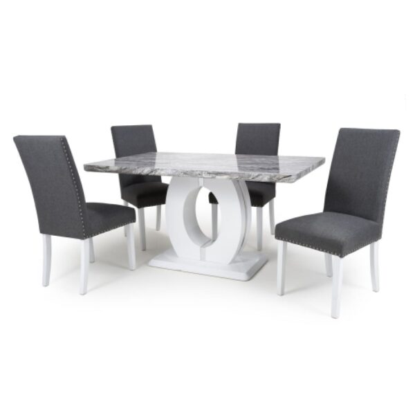 Naiva Grey Marble Dining Table With 4 Rabat Steel Grey Chairs