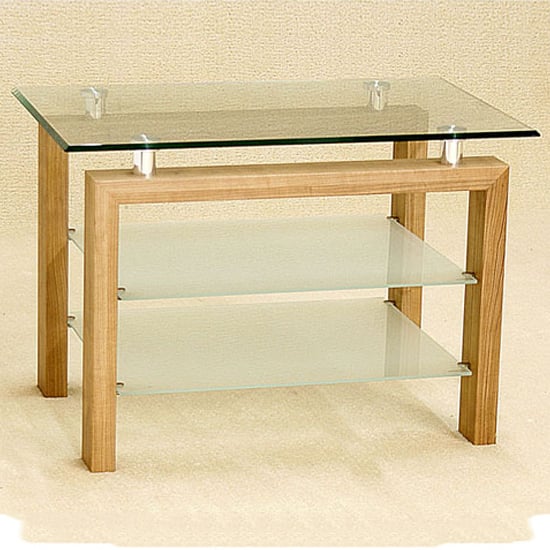 Adsila Clear Glass TV Stand With Oak Frame