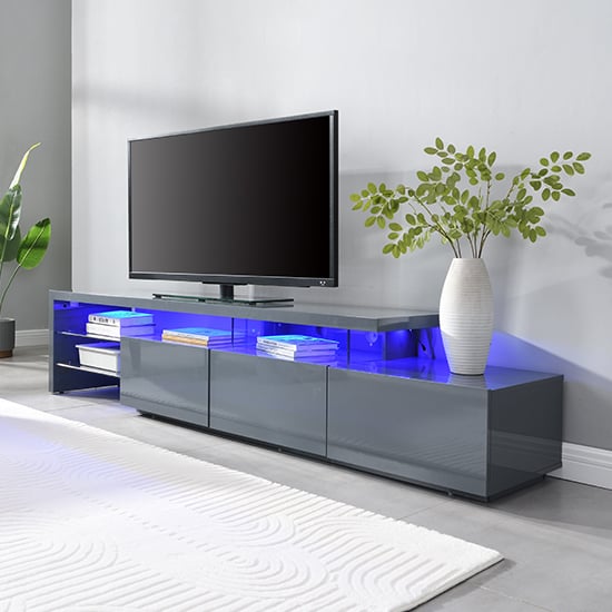 Alanis High Gloss TV Stand With Storage In Grey And LED Lights