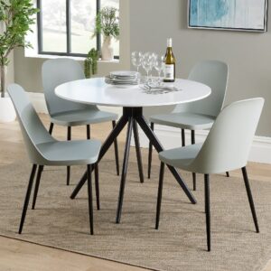 Arta Round White Wooden Dining Table 4 Curve Plastic Grey Chairs