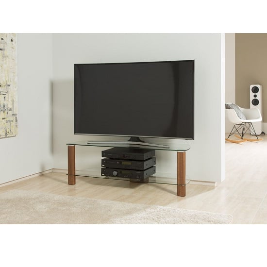 Clevedon Large Clear Glass TV Stand With Walnut Frame