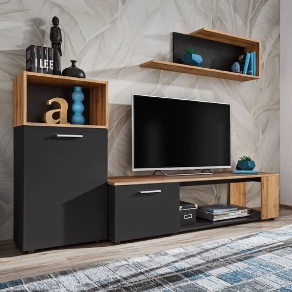 Elyria I Wooden Entertainment Unit In Matt Black And Wotan Oak