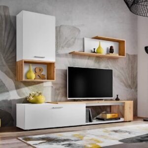 Elyria II Wooden Entertainment Unit In Matt White And Wotan Oak