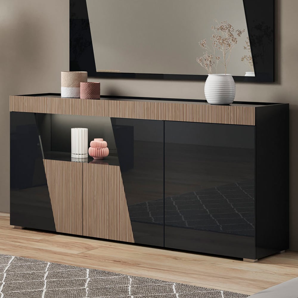 Enna High Gloss Sideboard In Black With 3 Doors And LED