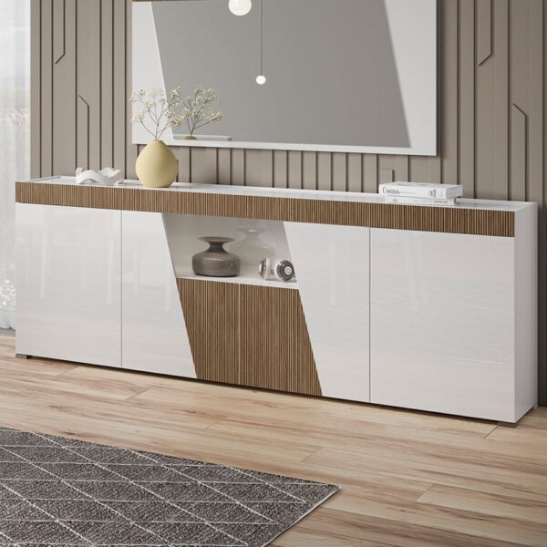 Enna High Gloss Sideboard In White With 4 Doors And LED