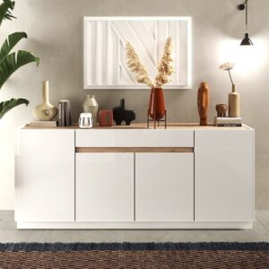 Flores High Gloss Sideboard 4 Doors 1 Drawer In White Light Oak