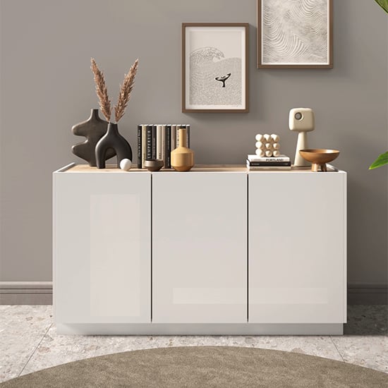 Flores High Gloss Sideboard With 3 Doors In White And Light Oak