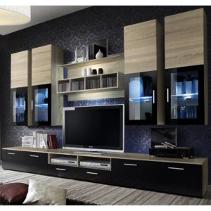 Lansing High Gloss Entertainment Unit In Black And Oak With LED