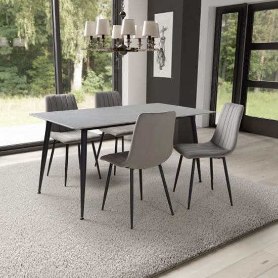 Modico Large Grey Ceramic Dining Table With 4 Leuven Grey Chairs