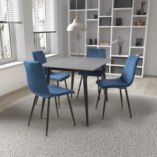 Modico Small Grey Ceramic Dining Table With 4 Leuven Blue Chairs