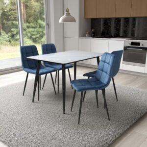 Modico Small White Ceramic Dining Table With 4 Massa Blue Chairs