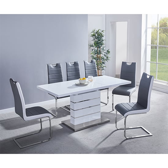 Parini Small Extending White Dining Table 6 Petra Grey White Chairs