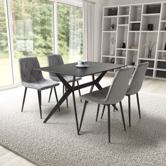 Tarsus Black Ceramic Dining Table With 4 Vestal Grey Chairs