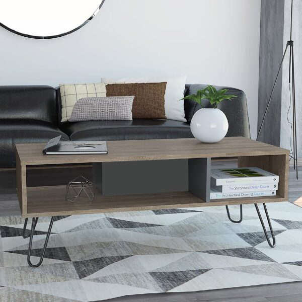 Veritate Wooden Coffee Table With Black Legs In Oak And Grey