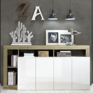 Hanmer White High Gloss Sideboard With 4 Doors In Cadiz Oak