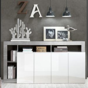 Hanmer White High Gloss Sideboard With 4 Doors In Cement