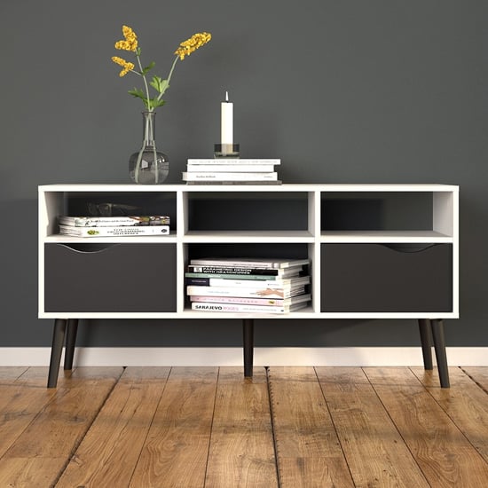 Oklo Wooden TV Stand With 2 Drawers 4 Shelves In White And Black